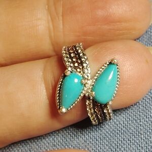 RARE-*SLEEPING BEAUTY TURQUOISE, BRN & WH.  ZIRCON, SHOULDERS, STERLING. SIZE 5.